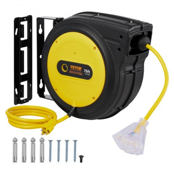 Picture of Vevor SSSJXQ75FTHHZNW83V1 75 ft. 14AWG-3C SJTOW Retractable Extension Power Cord Reel