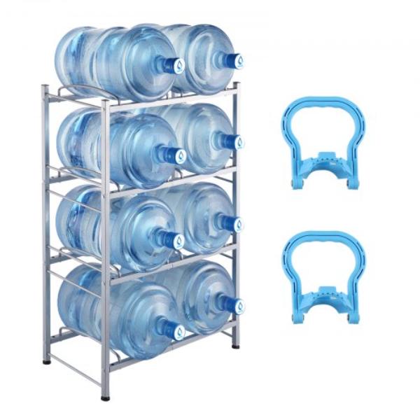 5JLTZSSTSTZCDLTQOV0 5 gal 4-Tiers Water Jug Holder - Double Row Water Bottle Rack for 8-Bottles & Heavy Duty, Silver