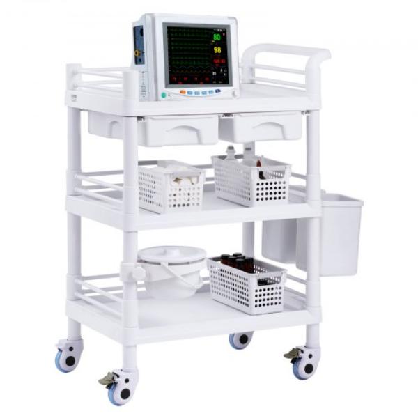 Picture of Vevor SYSTCECKFBS4PGK0XV0 3 Tiers 3 Trays & 3 Trash Cans 4 Silent Wheels Mobile Medical Lab Cart - White