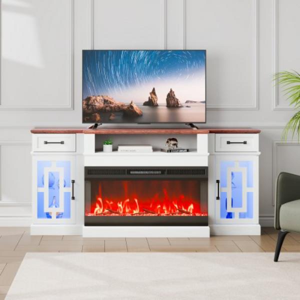 Picture of Vevor BLDSJ70CDSJ3CKP4PV1 80 in. 20 LED Lights Remote Control & Timer Fireplace TV Stand - Brown & White