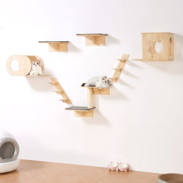 ZYSBGSMPJ7JT3OV0QV0 Jumping Boards Nests Hammock Wall Mounted Cat Shelves Tree, Natural - Set of 7