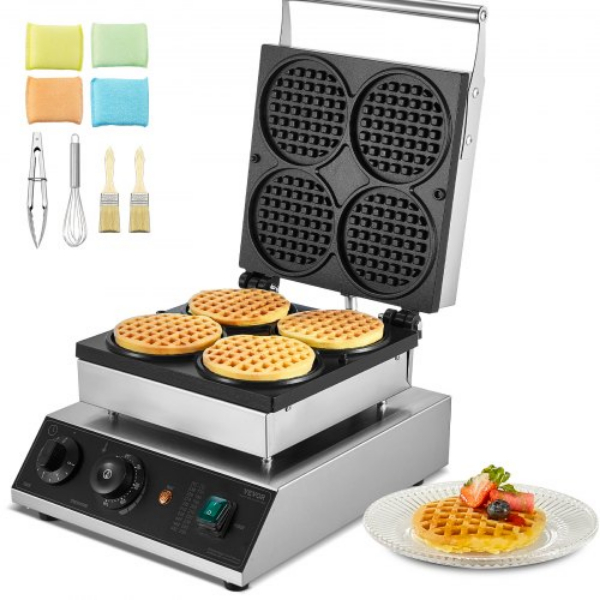 Picture of Vevor SYBLSHFBJDPF0EHRRV1 1750W Non Stick Commercial Waffle Maker - Round Iron Machine, Silver - 4 Piece