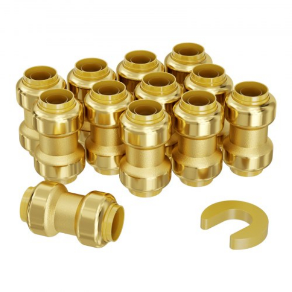 Picture of Vevor ZCSGLJPJ12PCB6AT8V0 0.75 in. Air System Brass Straight-Through Push-Fit Pipe Fittings - 12 Piece