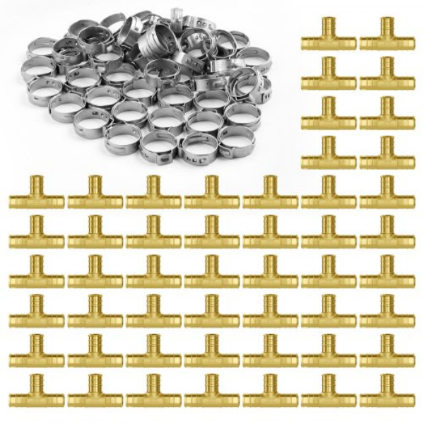 Picture of Vevor KGSPEXGLJPJ5YPZ5DV0 0.5 in. Heating-Shower System Brass Clamp-style Tee Pipe Fittings - 50 Piece