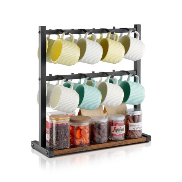 Picture of Vevor LSMKBGJFCSMJBDTGZV0 16 Hooks Cup Rack Wood Storage Base Countertop Coffee Mug Holder, Matte Black