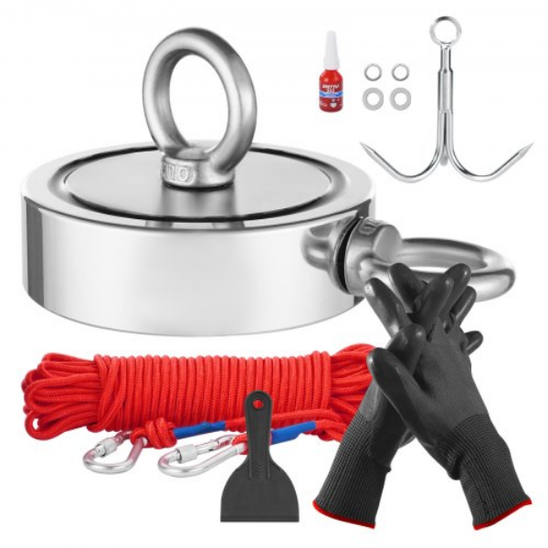 Picture of Vevor CXDYTZ5JTSM110PE7V0 1700 lbs Double Sided Pull Force & Rope Carabiner Strong Fishing Magnet Kit