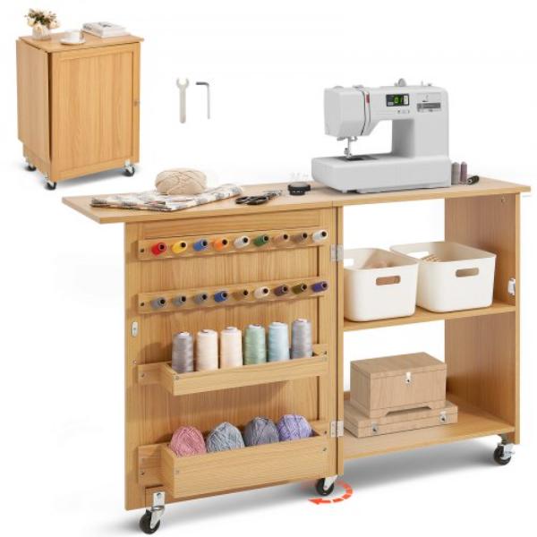 FRZJYXXKZDBH6WYM1V0 Folding Sewing Table with Lockable Wheels Storage Shelves Trays Door, Natural Wood Color