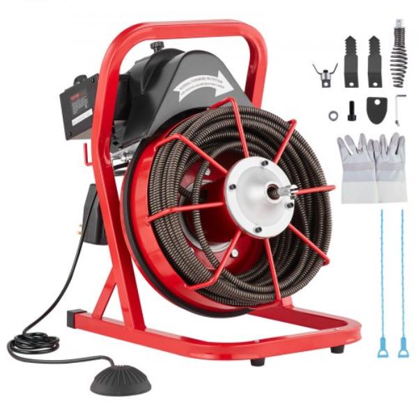 Picture of VEVOR SDJJKLSGDSTJGDO6AV1 75 ft. x 0.5 in. Manual Feed & 4 Cutters Cleaner Machine Drain Auger - Red & Black