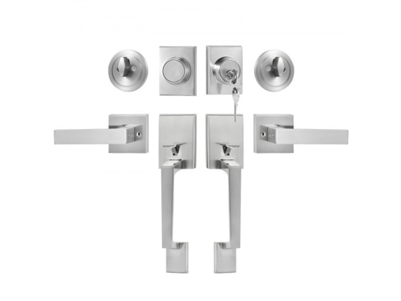 DXSMSBDMNDSFTWEEHV0 Double Door Handle Lock Set Square Lever, Satin Nickel