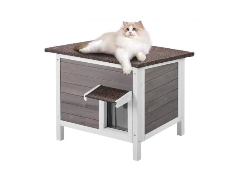 Picture of Vevor XJSMZMBHSDCS2CAKVV0 Outdoor Cat House Wooden Feral Shelter with Roof & PVC Door Flaps - Gray