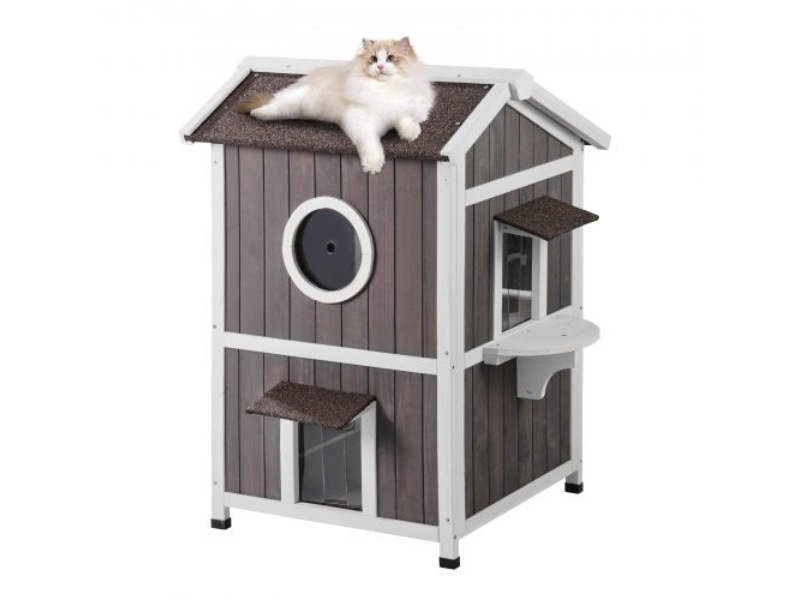 Picture of Vevor FWSMZMBHSSCSSFKXHV0 Outdoor Cat House 2-Story Wooden Feral Shelter with Roof & Door Flaps