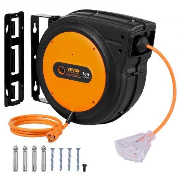 Picture of VEVOR SSSJXQ80FTCHOUXO5V1 80 ft. 12AWG & 3C SJTOW Retractable Extension Power Cord Reel