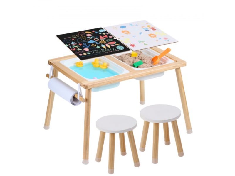 GGZZDZHK2129ZA1KCV0 Sensory Activity Table with 2 Stools, 2 Storage Bins & Paper Roll Holder for Toddler, Natural Wood