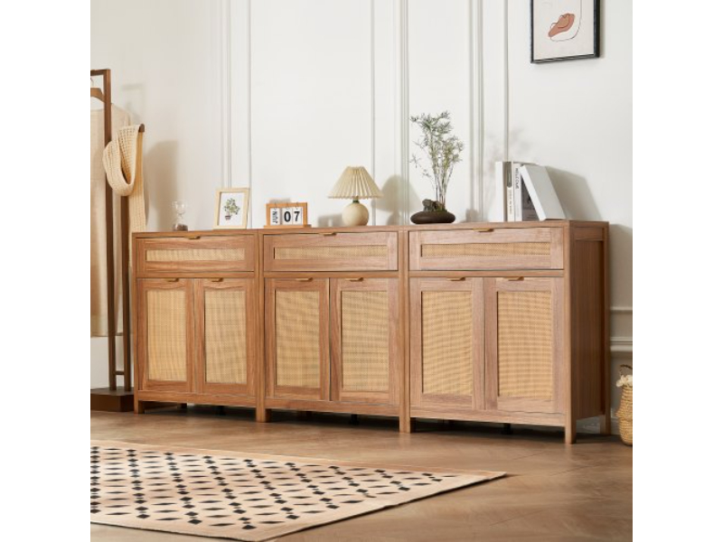 Picture of Vevor TBZSJLM90INCHJK3LV0 90 in. 6 Magnetic Doors & Adjustable Shelves Buffet Rattan Storage Cabinet, Natural - Set of 3