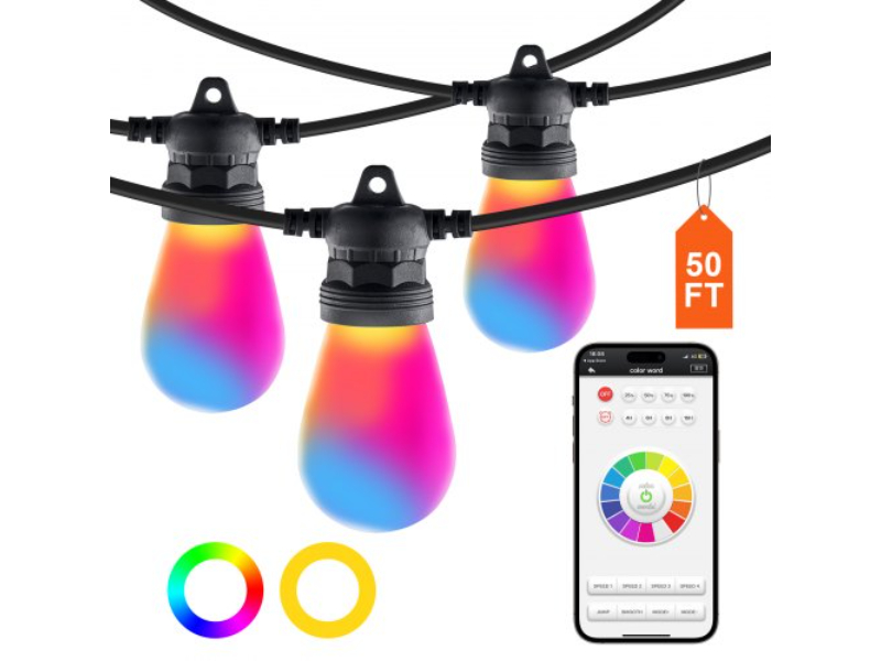 RGBHWDC50FT1HX9NXV1 50 ft. RGB Outdoor String Waterproof Patio Lights with APP Control