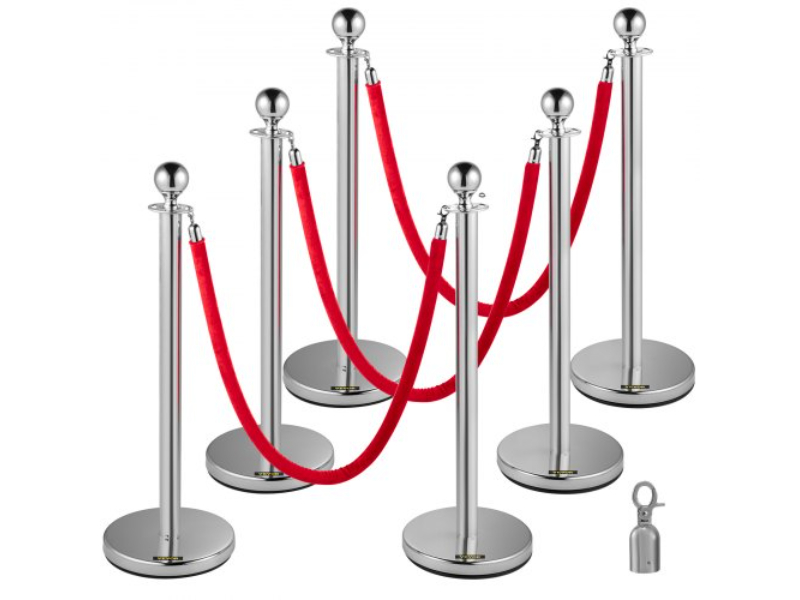 QTGLZYSBXGZX6SE4XV0 Rope Stanchion Silver Post Crowd Control Queue Line Barrier, Red - 6 Piece