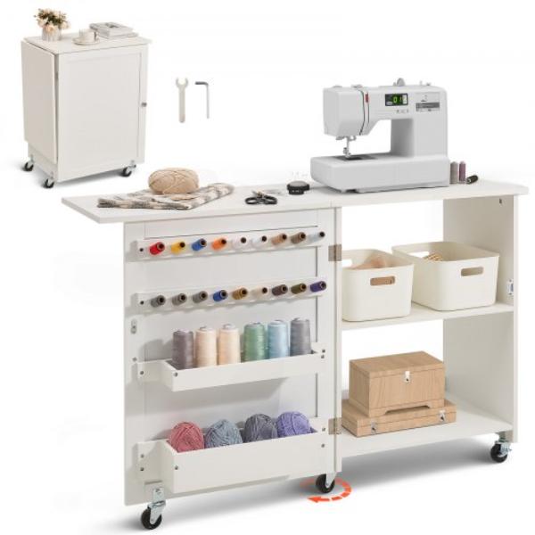 FRZJYXXKZDBHL2LV9V0 Folding Sewing Table with Lockable Wheels Storage Shelves Trays Door, White
