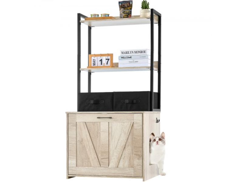 Picture of Vevor XHSCBBSNJSMSD53UMV0 Cat Enclosure Litter Box Furniture Hidden 2 Shelves & 2 Baskets - Natural