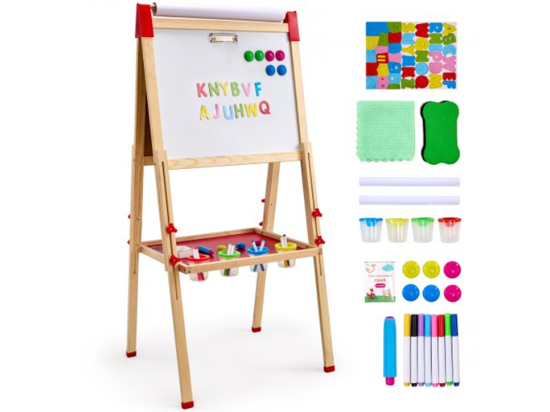 Picture of Vevor ZLSKZLSSMYGDVVFVNV0 3-in-1 Kids Art Easel Double-Sided Wooden Magnetic Whiteboard Chalkboard - Natural Wood