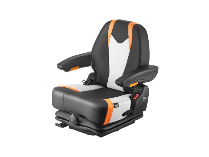 Universal Forklift Fold Down Tractor Suspension Seat with Adjustable Back - Black - Gray & Orange