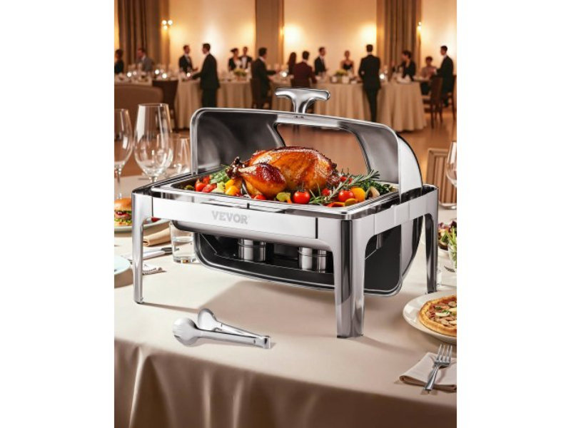 Picture of Vevor ZFXQFGK1JTYS0BDQ9V0 4 qt. Rectangle Roll Top Chafing Dish Set 2 Half Size Pans - Stainless Steel - Silver