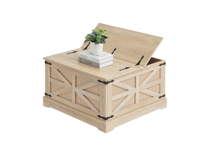 ZFXKFZYMSMDFKOIZRV0 32 in. Rectangle 2-Tier Boho Style PE Rattan Farmhouse End Table with Retro Metal Hinges, Natural