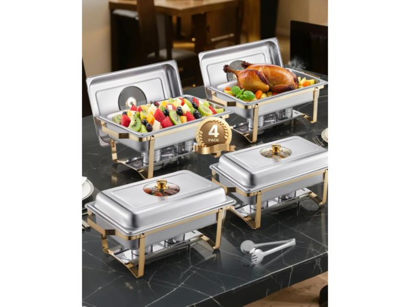 Picture of Vevor ZFXBXGBLSTGKXK5LUV0 8 qt. Rectangle Chafing Dish Buffet Set Full Size Pan Stainless Steel, Gold - Pack of 4