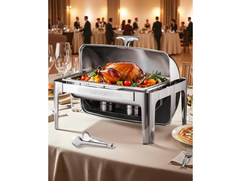 Picture of Vevor ZFXQFGK1JTYSNU6QFV0 9 qt. Rectangle Roll Top Chafing Dish Set with Full-Size Pan - Stainless Steel