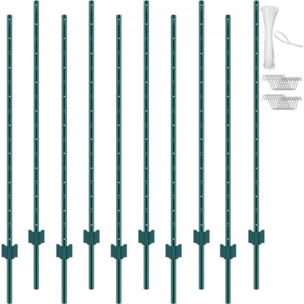 WLLZJSK5YC10LFG33V0 5 ft. T-Post Heavy Duty Metal Fence Posts, Green - Pack of 10