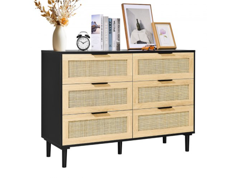 TBCTJ6CHSBDDZMQKWV0 6 Drawer Rattan Dresser of Drawers with Spacious Storage for Bedroom, Living Room & Hallway - Black