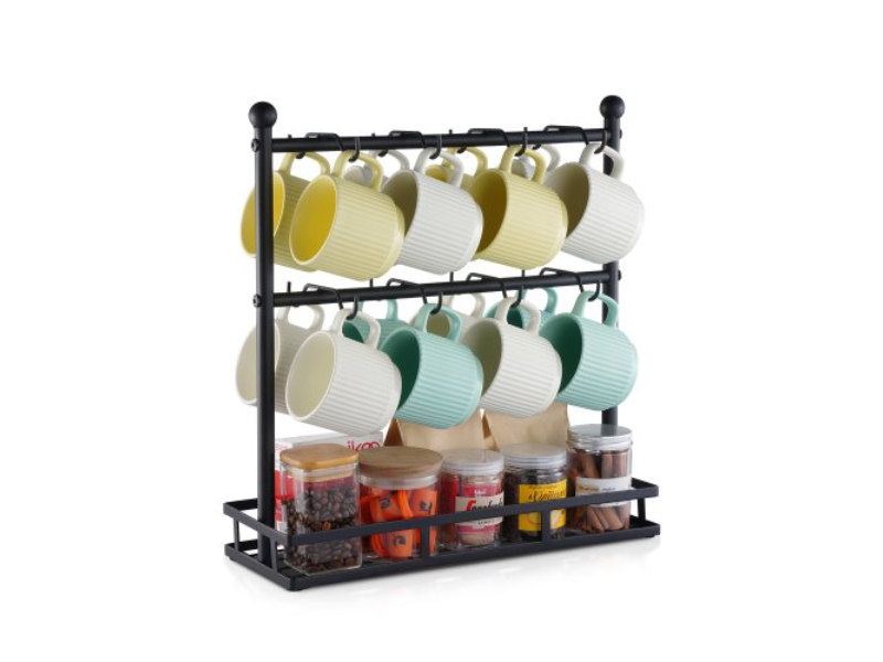 Picture of Vevor LSMKBGJFCJS13VHF4V0 16 Hooks Cup Rack Coffee Mug Holder for Countertop with Storage Base Organizer - Matte Black