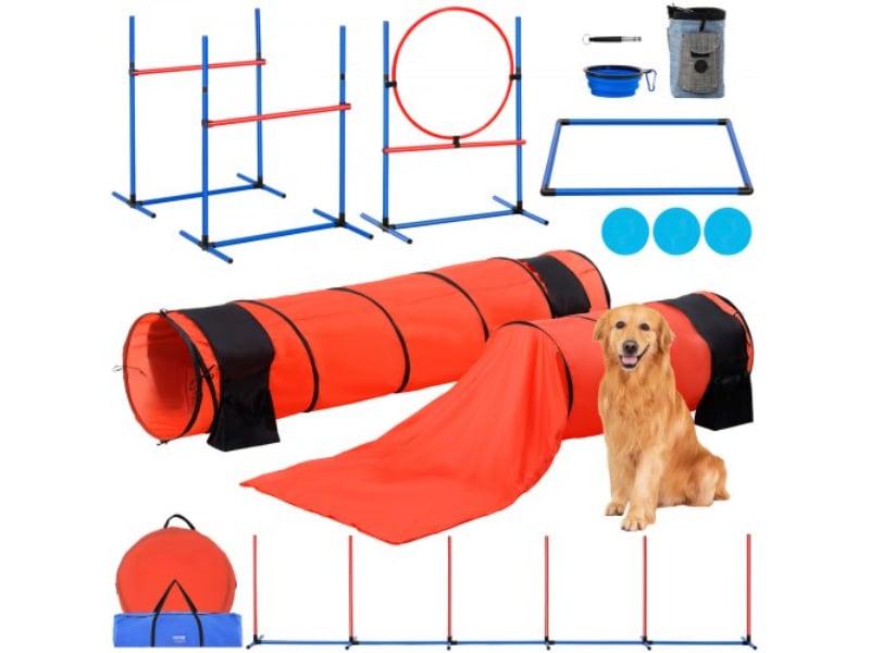 Picture of Vevor TYKMJKCTJSJKF0J3NV0 Dog Agility Training Equipment Set - Upgrade with Hurdles & 2 Tunnels Ring - 7 Piece