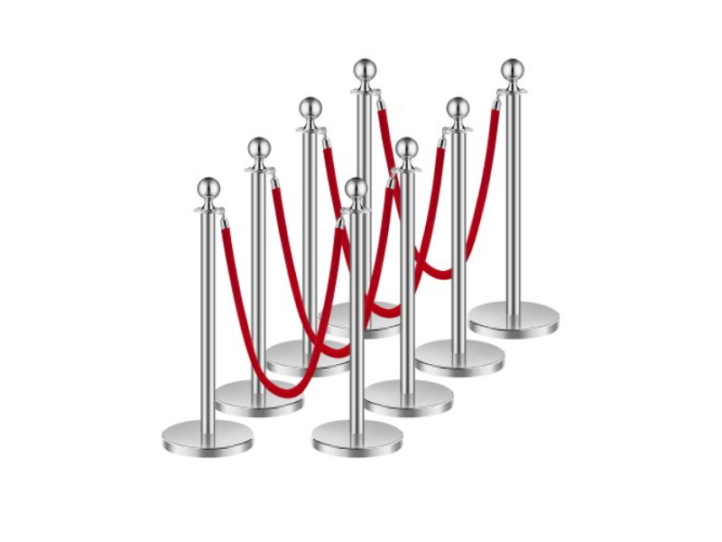 QTGLZDSDYSHR7HYX2V0 Crowd Control Barriers Silver Stanchions & 4 Red Velvet Ropes - Hollow Base with Stainless Steel Post - 8 Piece