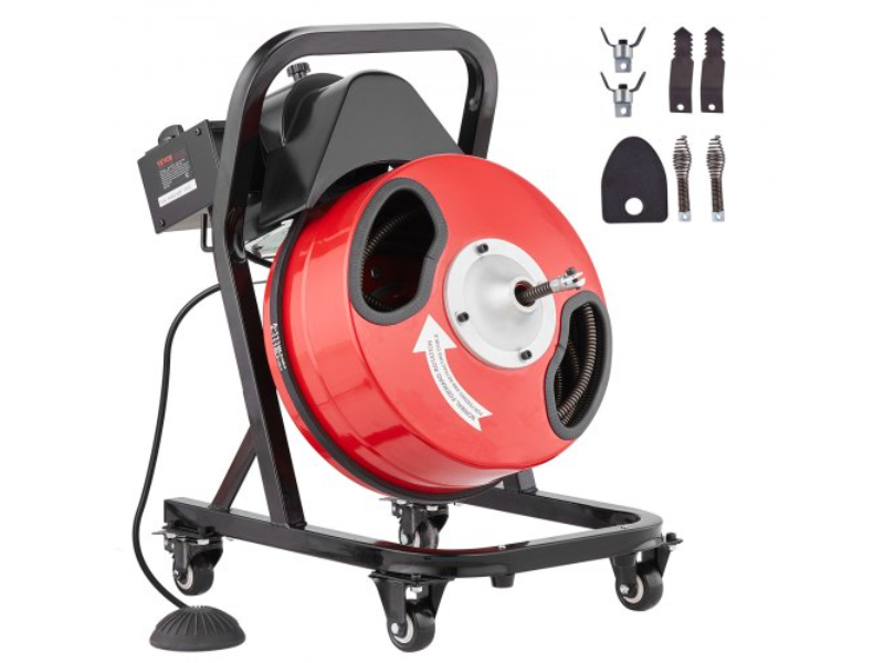 SDJJKLSGDSTJWGUIYV1 50 ft. x 0.5 in. Drain Cleaner Machine Manual Feed Snake Auger with Wheels, Red & Black