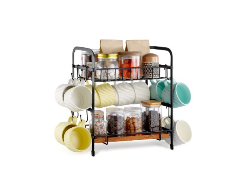 Picture of Vevor LYSMKBGJBGSLN4HGLV0 2 Tier Coffee Bar Organizer for Countertop with 12 Movable Hooks Mug Holder&#44; Matte Black