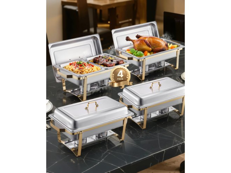 Picture of Vevor ZFXBXGSTGK4J10ULXV0 8 qt. Rectangle Chafing Dish Buffet Set Full-Size & Half-Size Pans, Gold - Pack of 4