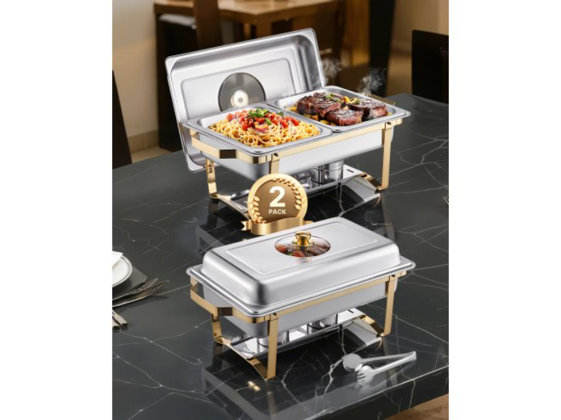 Picture of Vevor ZFXBXGBLSTGKPIZUVV0 4 qt. Rectangle Chafing Dish Buffet Set - Half Size Pan, Stainless Steel & Gold - Pack of 2