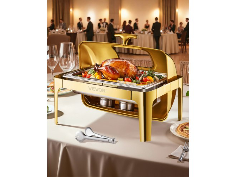 Picture of Vevor ZFXQFGK1JTJSEAIBSV0 9 qt. Rectangle Roll Top Chafing Dish Set with Full Size Pan - Stainless Steel & Gold