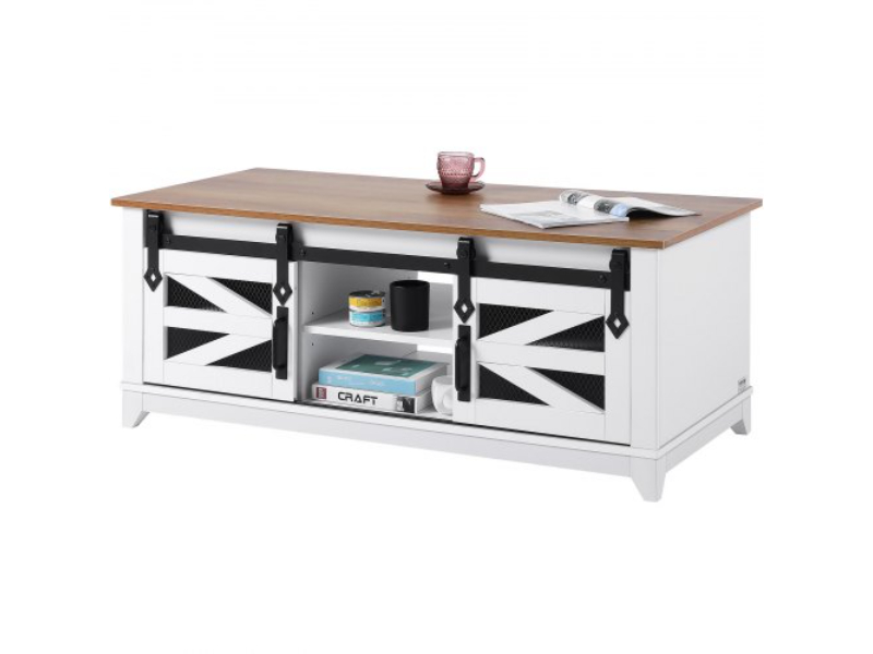ZFXBSKFZ48YCNTXNBV0 48 in. 2 Tier Farmhouse Rectangle Coffee Table with 2 Sliding Barn Doors & Removable Shelves, White & Natural