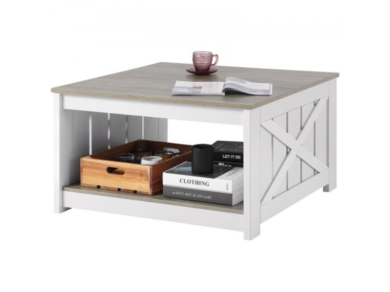 ZFXBSKFZ315YM5YQ1V0 31.5 in. Farmhouse Square Coffee Table with Open Storage Compartment - Gray & White