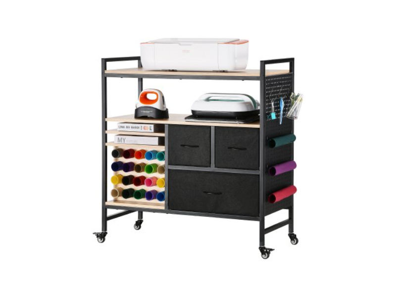 QGJZHSMABGFB20V46V0 Rolling Craft Cart & Storage Table with 20 Vinyl Roll Holders & 3 Drawers, Black