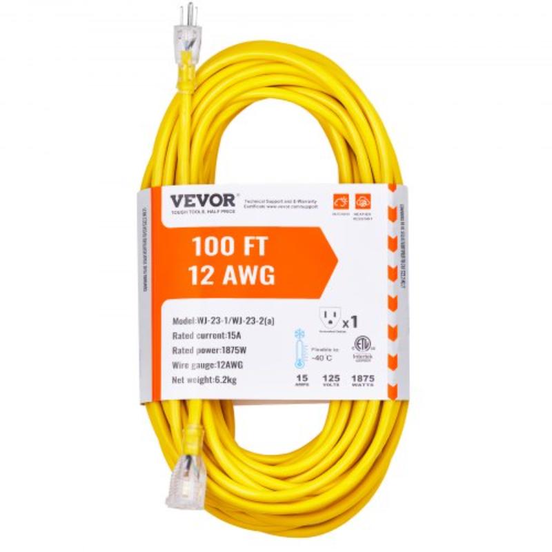 Picture of Vevor 12MGXG1100YCRQMVHV1 12 AWG 15 amp 1875W 3 Prongs 100 ft. Heavy Duty Extension Cord with Lighted End
