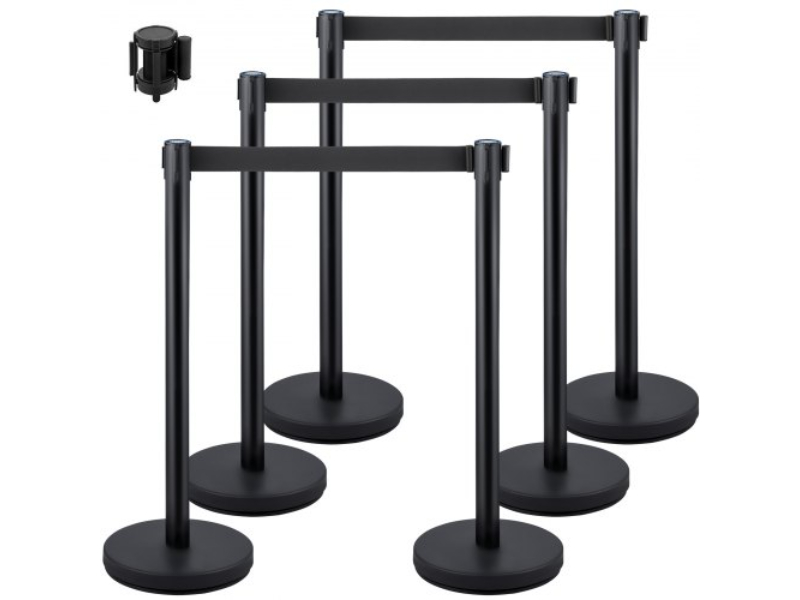 ZGGLZHSTZXJT6TNEXV0 Solid Base Crowd Control Stanchions with 6.6 ft. Retractable Belts, Black - Pack of 6
