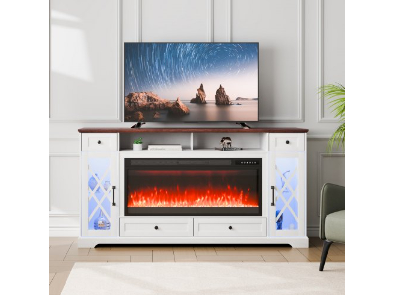 Picture of Vevor BLDSJ70CDSJ4OVAP3V1 70 in. TV Stand with 42 in. Fireplace for Media Storage Corner with Cabinets - Brown & White
