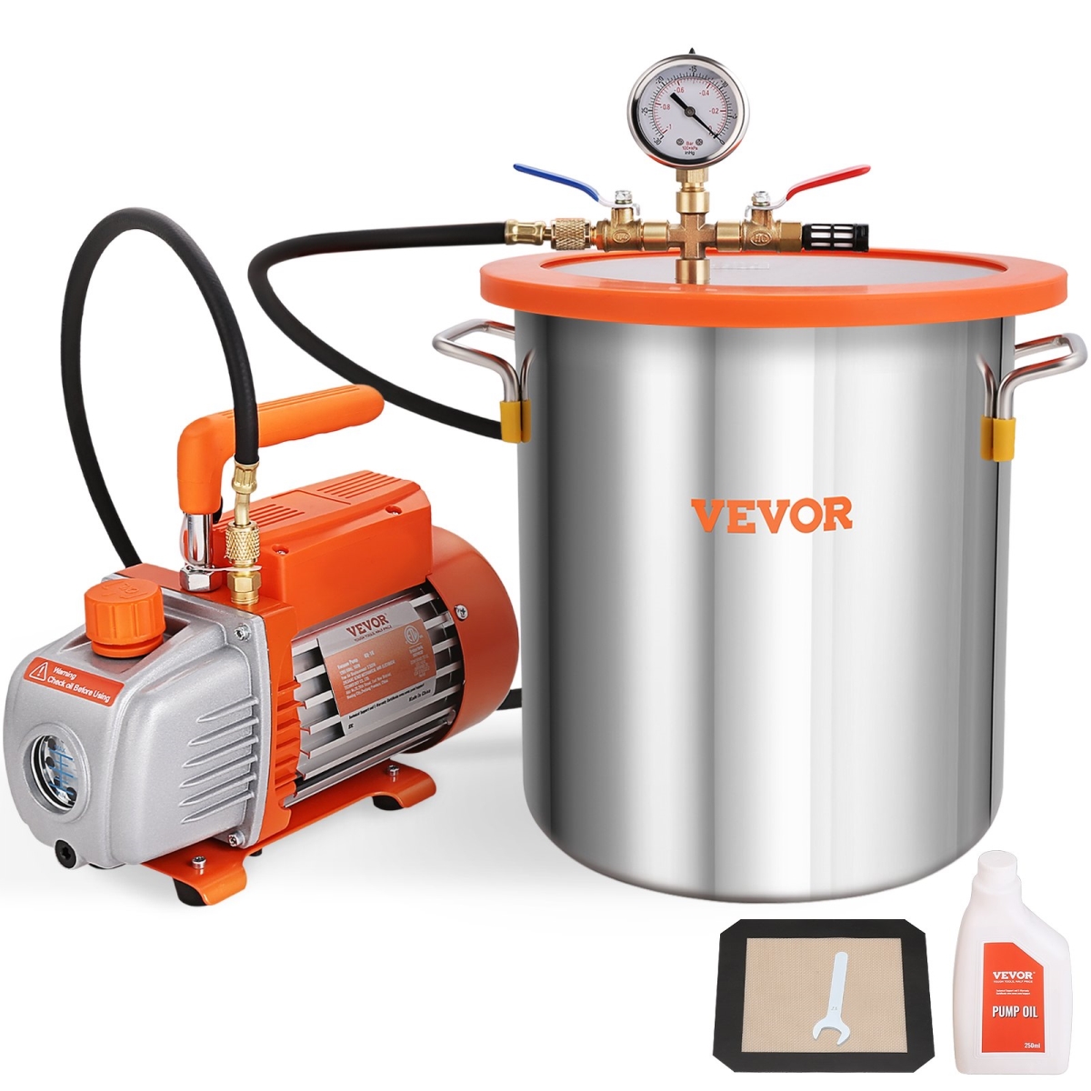 5 gal Vacuum Chamber & 3.5 CFM Pump Kit, Tempered Glass Lid Vacuum Degassing Chamber Kit, Single Stage Vacuum Pump with 250 ml Oil Bottle -  Vevor, ZKBTTZ35CFM150FSSV1