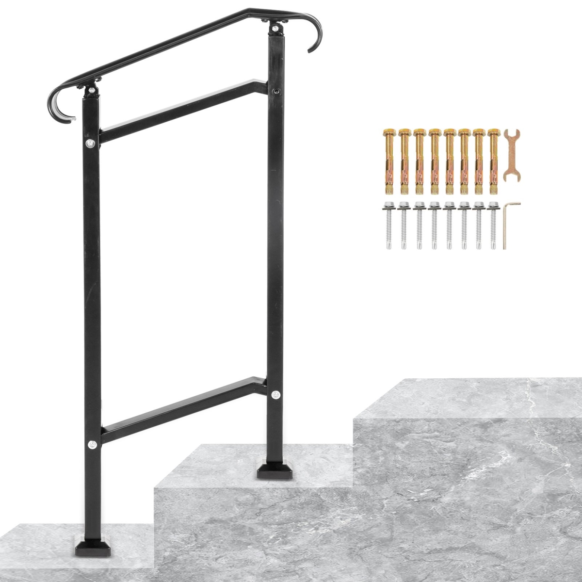 LTFSLDS1BMLFS0001V0 Outdoor Stair Railing, Fit 1 or 2 Steps Wrought Iron Handrail, Adjustable Front Porch Hand Railings -  Vevor