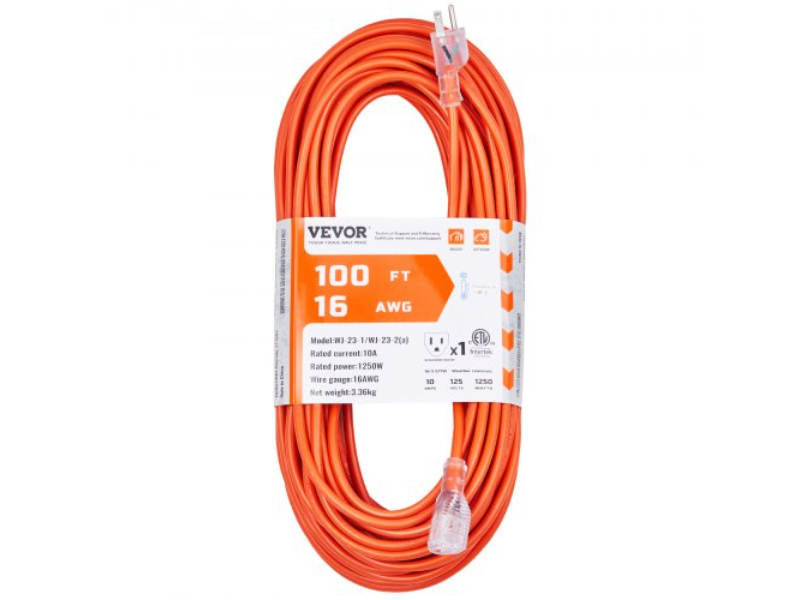 Picture of Vevor 16MGXG1100YCEBMIRV1 100 ft. 16AWG 10A 1250W Heavy Duty Extension Cord 3 Prongs with Lighted End