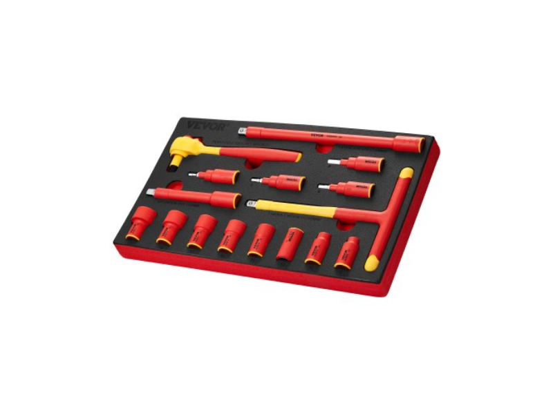 JYGJTZJYTT16LLJW8V0 1000V Insulated Socket Tool Set with T-Handle Wrench, Black, Yellow & Red - 16 Piece