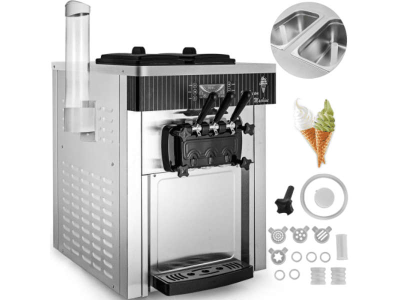 Picture of Vevor BJLJYKF-8218TPDT1V1 2200W 5.3-7.4 gal per Hour Commercial Soft Serve Ice Cream Machine with LED Display Auto Clean 3 Flavors&#44; Sliver