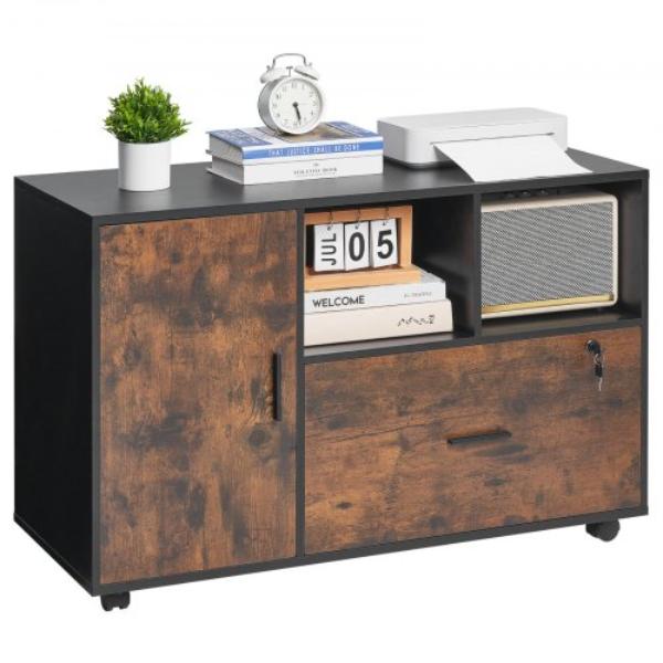 Wood File Cabinet - Mobile Filing Cabinet with Open Shelves - Lockable Lateral Rolling File Storage with Adjustable Shelves - Rustic Brown